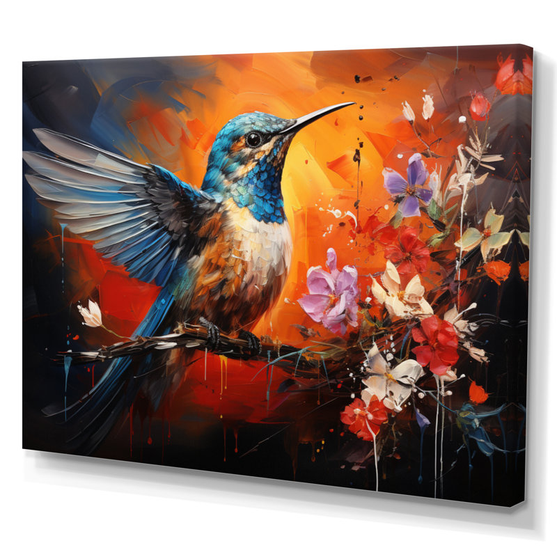 Teal Orange Hummingbird Enchanting Hum Collage - Animals Canvas Art Print, Toile tendue, H 34 po x l 44 po x P 1,5 po