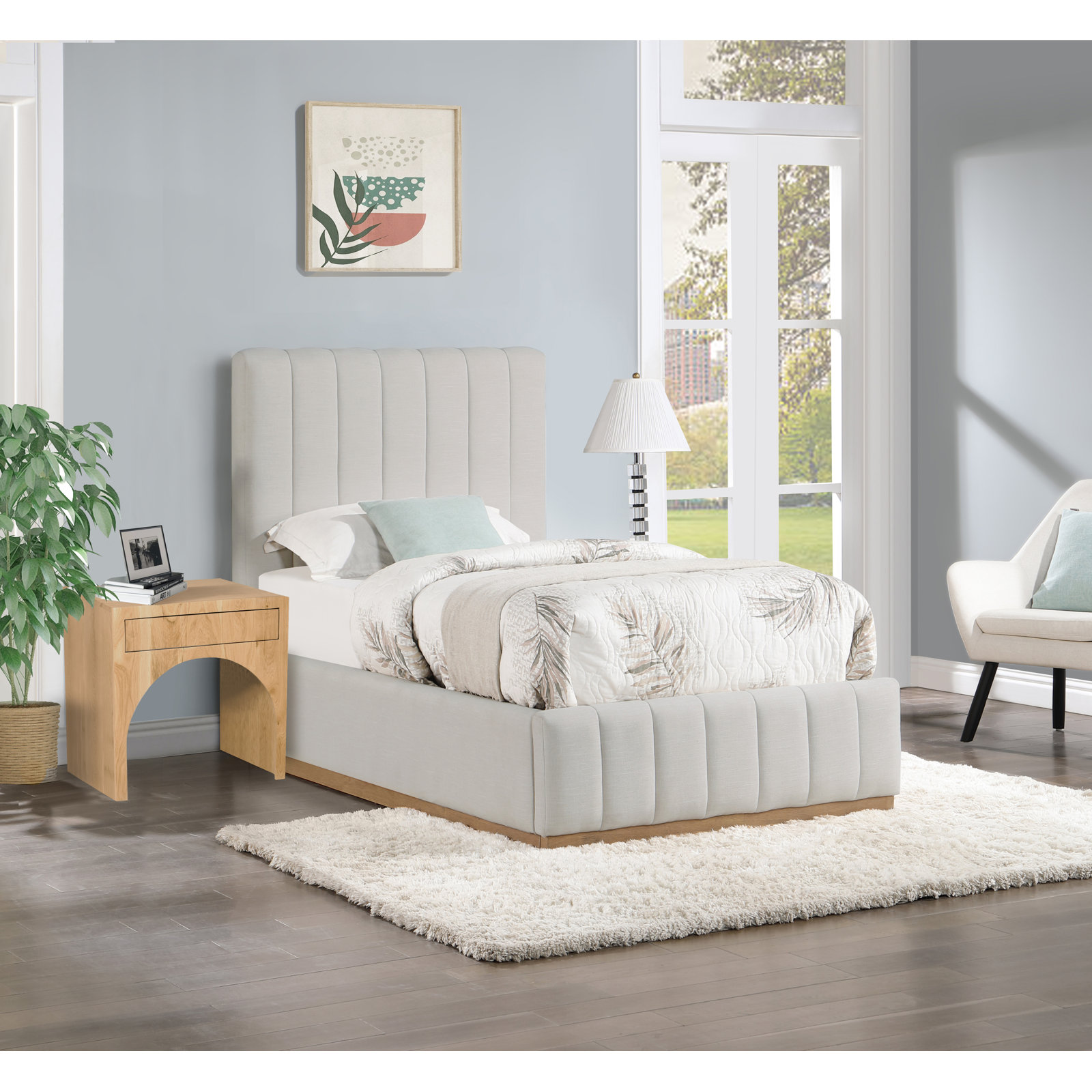 Codyn Upholstered Bed, Cream Linen Textured Fabric, Twin