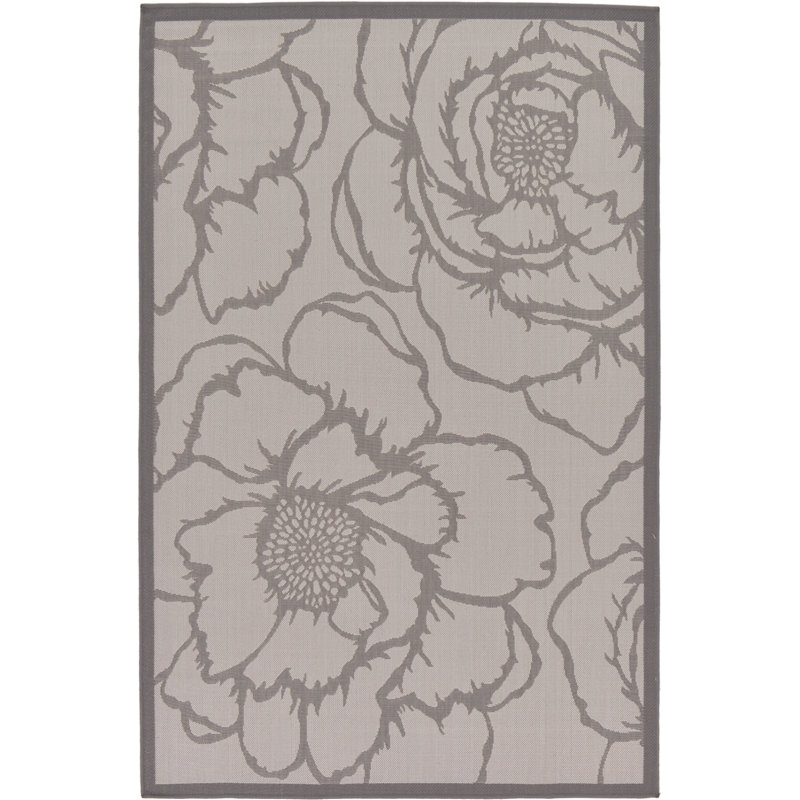 Tapis d'intérieur / extérieur floral gris Barriga, Rectangle 5 pi 3 po x 8 pi