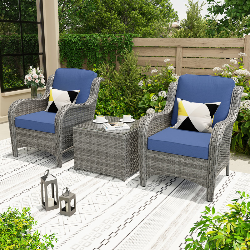 Wicker/Rattan 2 - Person Seating Group With Cushions, Gray Frame/Blue Cushion