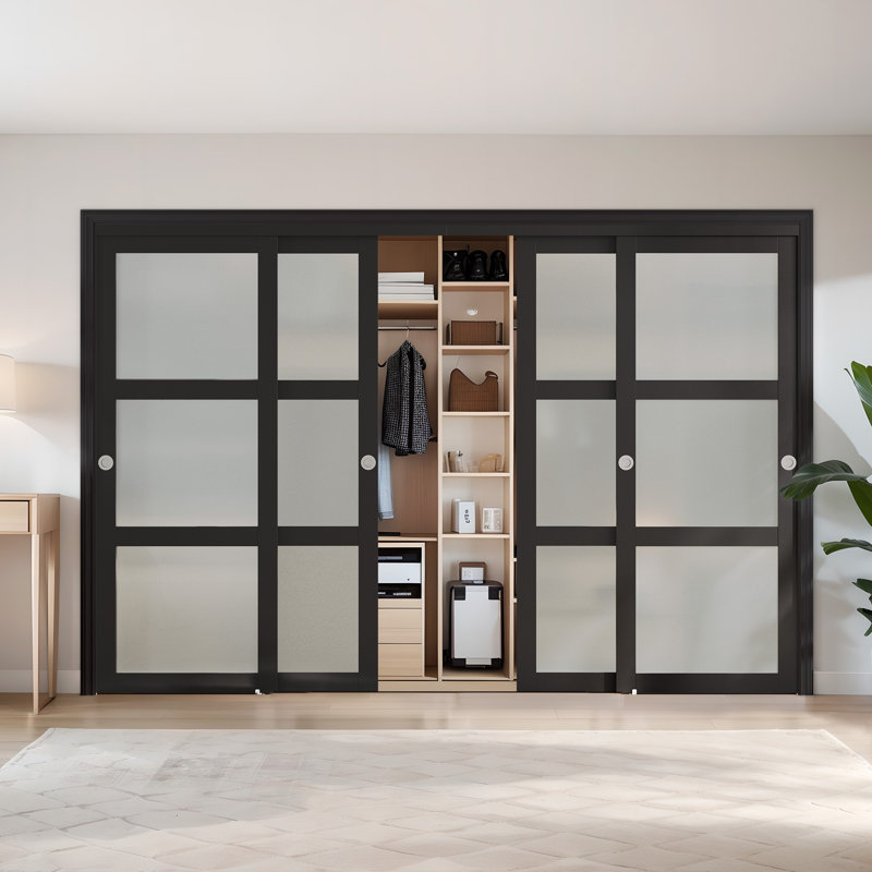 Portes coulissantes en verre givré 96 "x 80" avec trousse de quincaillerie d'installation, 96 po x 80 po, Noir, 4