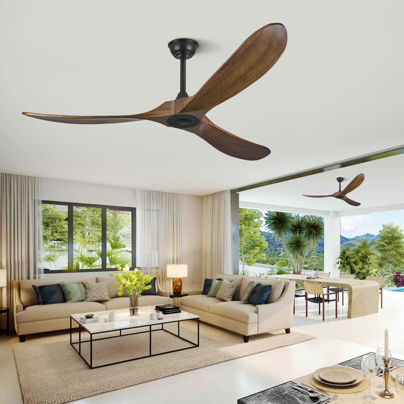 Ventilateur de plafond en bois à 3 pales de 60 po avec télécommande à 6 vitesses sans lumières, moteur réversible, minuterie et fonction mémoire