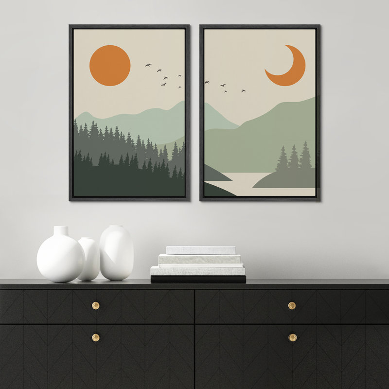 Sun and Crescent Moon Over Green, Noir, H 24 po x l 32 po x P 1,5 po
