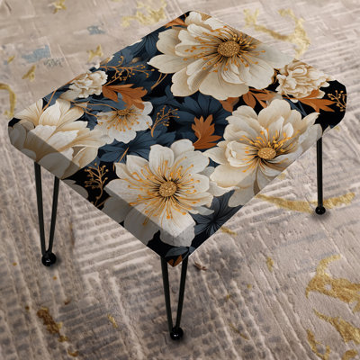 White & Gold Contemporary Floral Fusion Collage - Floral Rectangle Ottoman