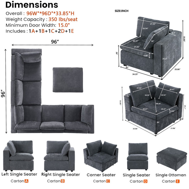 Canapé modulaire en L avec repose-pieds, canapé modulaire personnalisable, chenille et canapé 6 places Modern