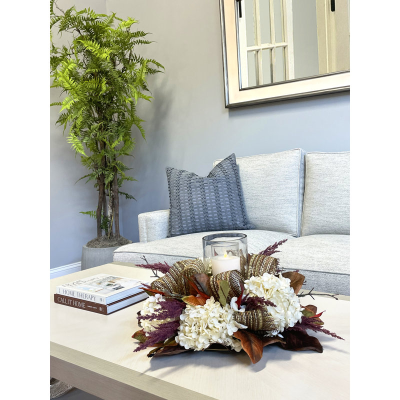 Fall Candleholder Centerpiece with Hydrangeas and Thistle