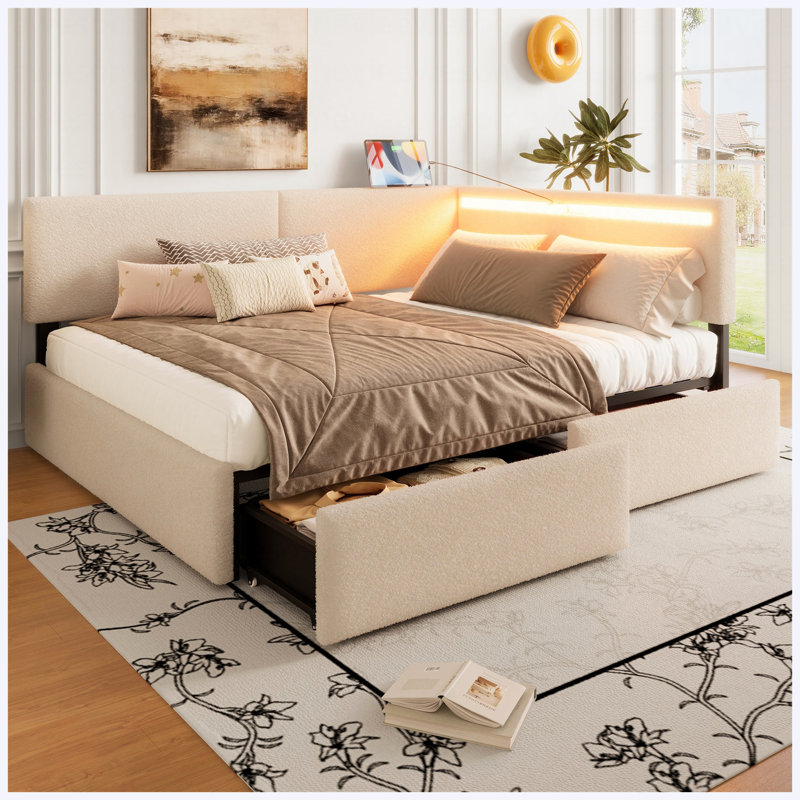 Structure de lit double tapissier avec tête de lit double, 2 tiroirs de rangement, lumière DEL et chargement USB, beige