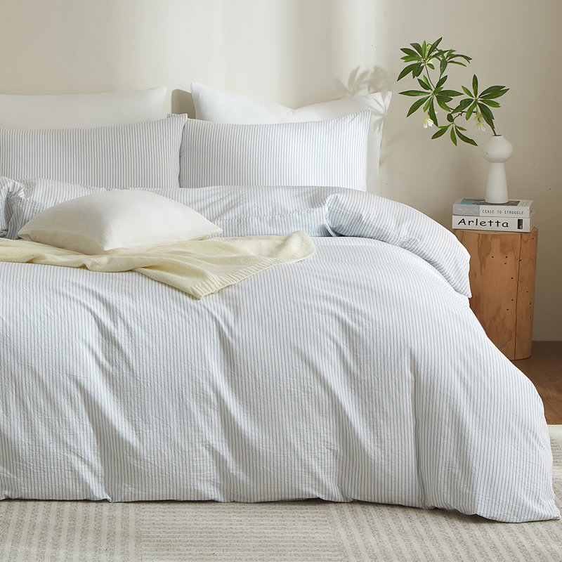 LIFETOWN Striped Duvet Cover Set,3 Pcs Breathable Durable 100% Washed Cotton Comforter Cover for All Seasons, Chic Linen Like Textured Bedding Set.