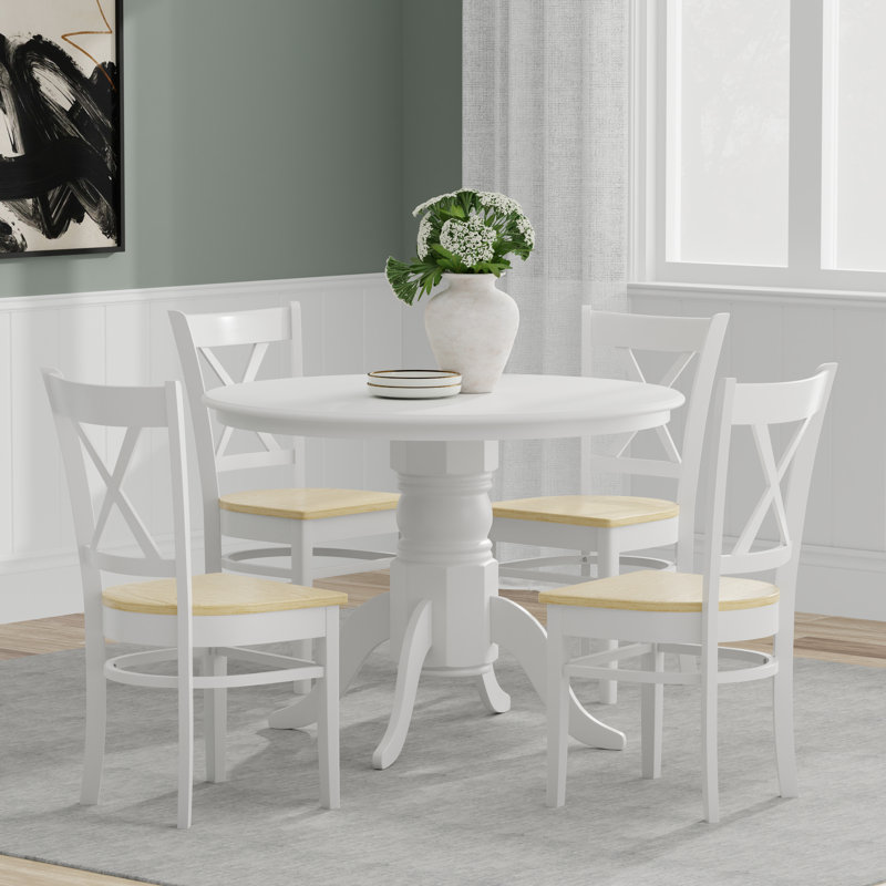 Ensemble de salle à manger en bois massif pour 4 personnes Turrella, Blanc, Ensemble repas 5 pièces, Blanc / Naturel