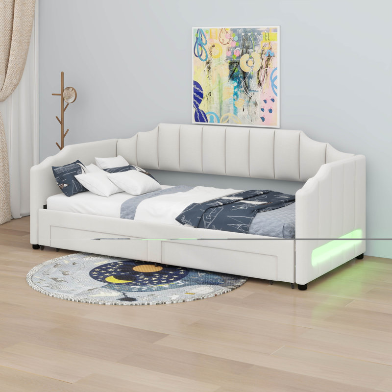 Lit de jour avec tiroirs de rangement et lit gigogne extensible avec lumières DEL, Beige