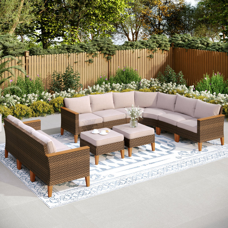 All Weather Wicker/Rattan 11 - Person Seating Group with Cushions, Beige