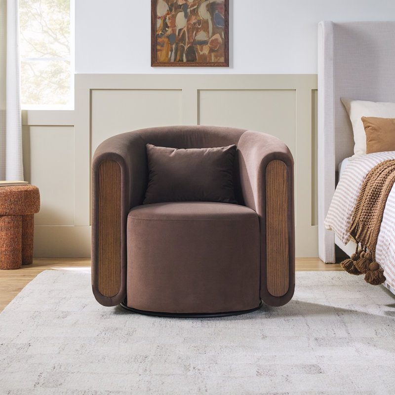 Sitarski Modern Upholstered Swivel Barrel Accent Chair, Café Noir Velvet