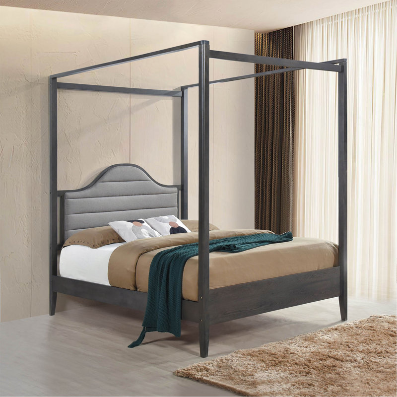 Lit à baldaquin grand lit à tête de lit tapissier, gadgets de chambre en bois, finition brossée brune, avec tête de lit tapissier, meubles, rails et poteaux inclus