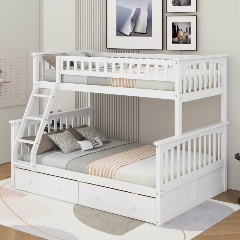 Twin Over Full Bunk Bed With Drawers, White