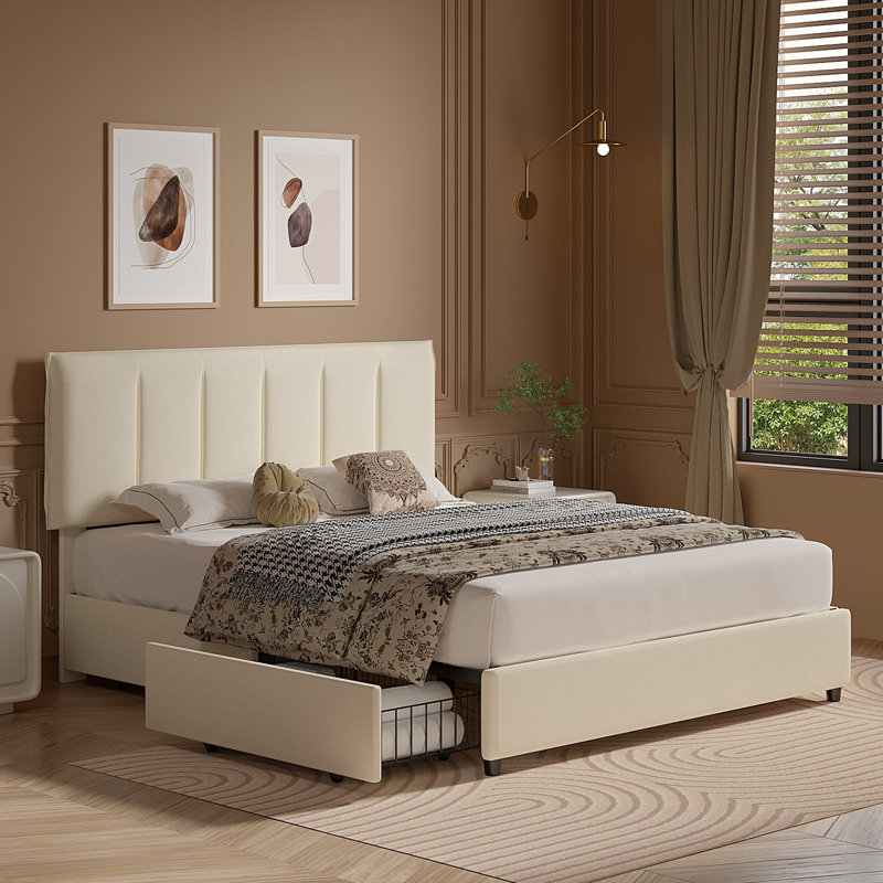 Double Size Bed Frame With 4 Storage Drawers, Platform Bed With Adjustable Upholstered Headboard, Wooden Slats Support, No Box Spring Needed, Easy Assembly