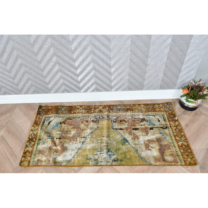 Tapis en laine antique bronze Oushak idéal pour les vestibules et les salles de bain avec un design rétro complexe