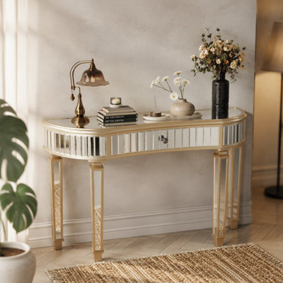 Console demi-lune avec miroir et tiroir en verre cannelé, un ajout polyvalent et élégant à tout intérieur