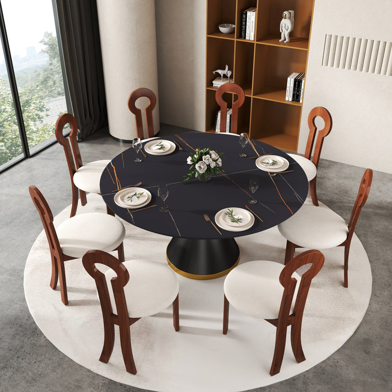 8 Seat Dining Table Set With Modern Key-shaped Dining Chairs, 9-piece Dining Set, Black, Brown