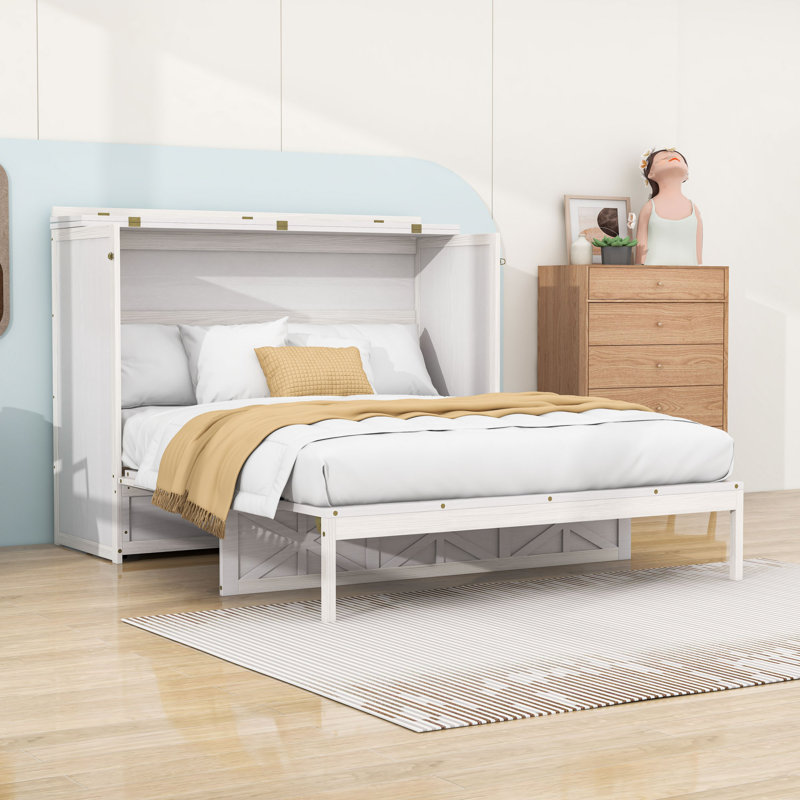 Grand lit escamotable en bois avec tiroir et ports et prises USB, Blanc brossé