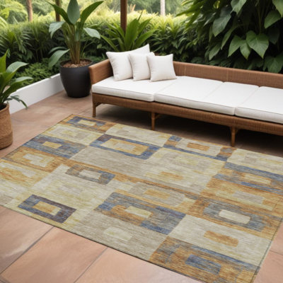 Tapis extérieur lavable géométrique 8 pi x 10 pi bleu et cuivre