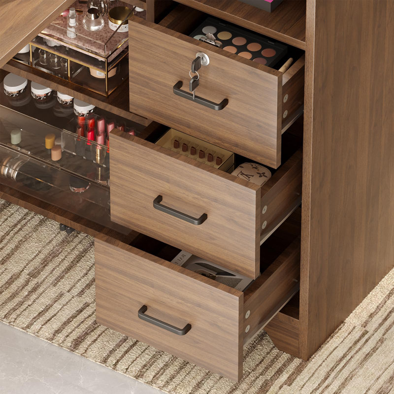 Table pliante en L en forme de L, bureau à clous avec station de charge intégrée, support de rangement à 5 niveaux et 3 tiroirs, bureau de manucure professionnel pour salon, spa ou maison, poste de travail peu encombrant, noyer