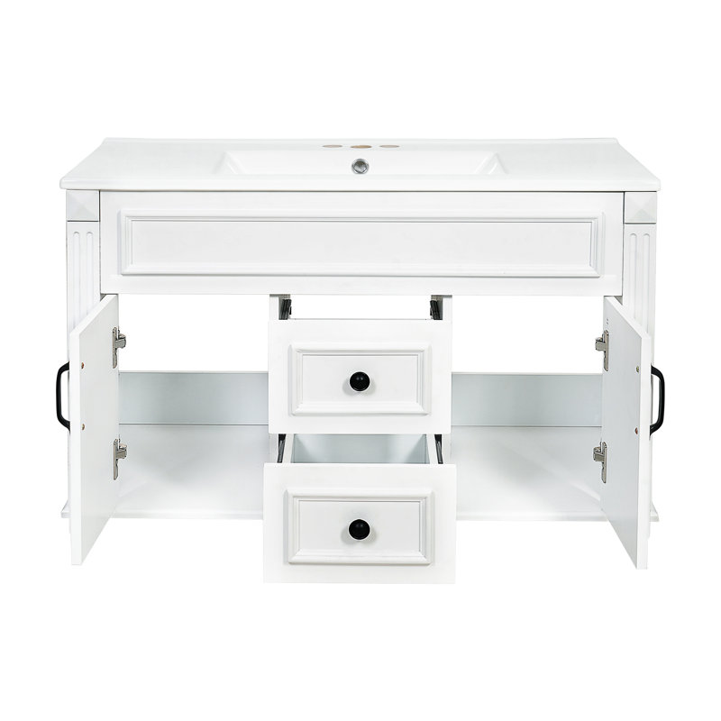 Armoire de salle de bain avec lavabo en céramique et tiroirs, White