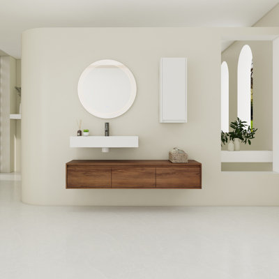 60 Inch Wall-Mounted Bathroom Vanity With Resin Sink, Side Cabinet, And Soft-Close Drawers, Perfect For Modern Bathrooms.