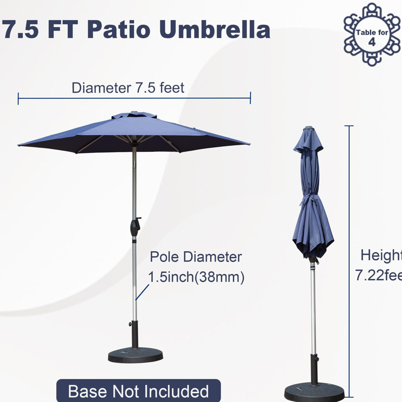 Parasol d'extérieur 7,5 pi avec nervures robustes, matériau imperméable, protection, pour divers cadres extérieurs bleu marine, auvent 180 g, inclinaison à bouton-poussoir, jardin idéal, terrasse, cour, bord de piscine