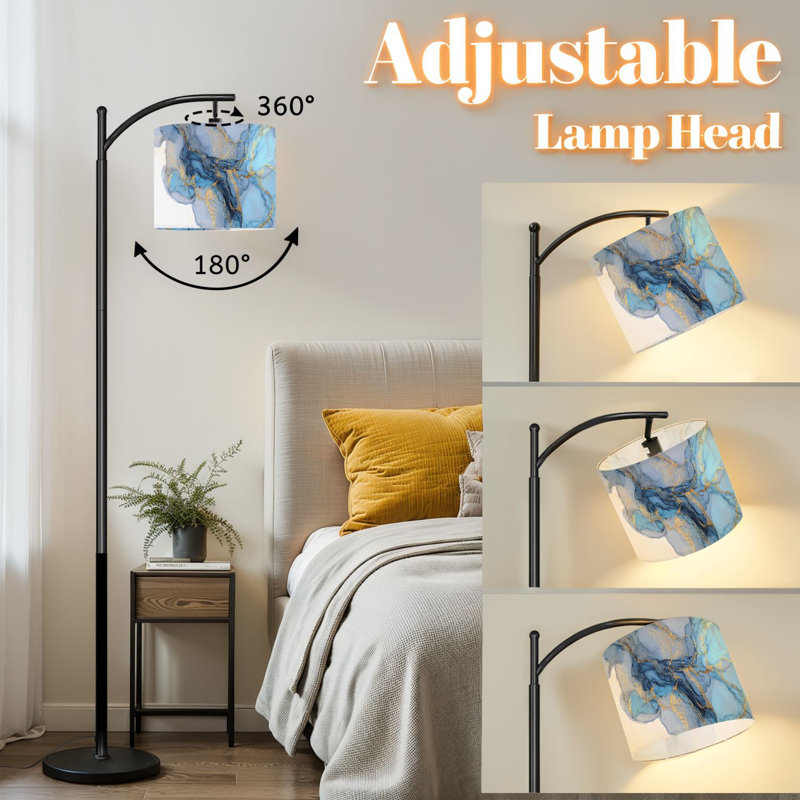 Lampe sur pied à arc avec abat-jour réglable Marbre bleu gris et blanc Technique de l'encre à alcool Lampe sur pied à 3 températures de couleur à intensité variable avec interrupteur au pied pour la chambre à coucher
