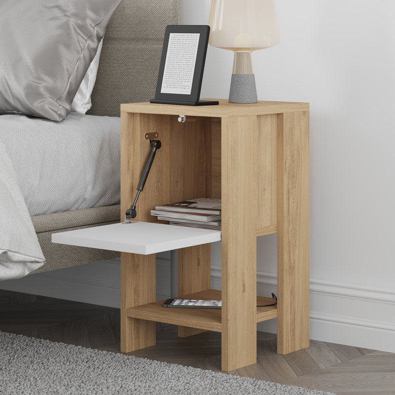 Atharv Bedside Table with Drop-Door Storage and Open Shelf for Versatile Living, Oak/White