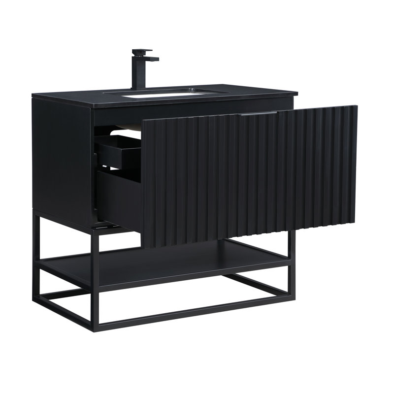 Terra 36'' W Single Vanity, Matte Black, Black Quartz/Single Faucet Mount, Midnight Black