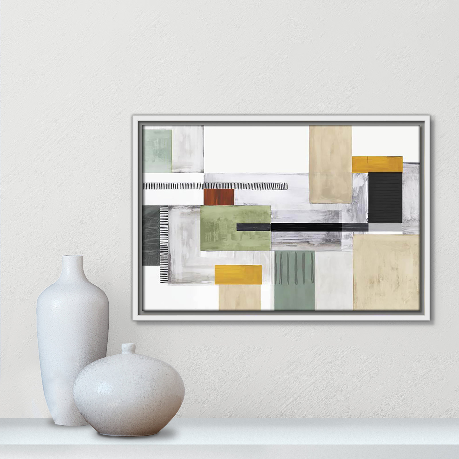 Playful Blocks Print by Tom Reeves, 13.5" H x 19.5" W x 2" D, White Floater Framed, No Mat