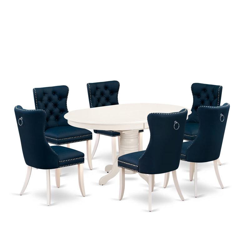 Ensemble de table de salle à manger 7 pièces comprenant une table de cuisine ovale avec rallonge amovible et 6 chaises rembourrées, lin blanc