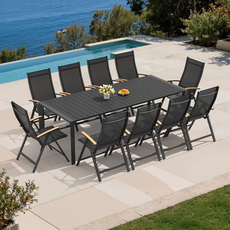 10 - Person  94.5’’ L Aluminum Patio Dining Set With Adjustable Folding Chairs And Umbrella Hole, Black, 10