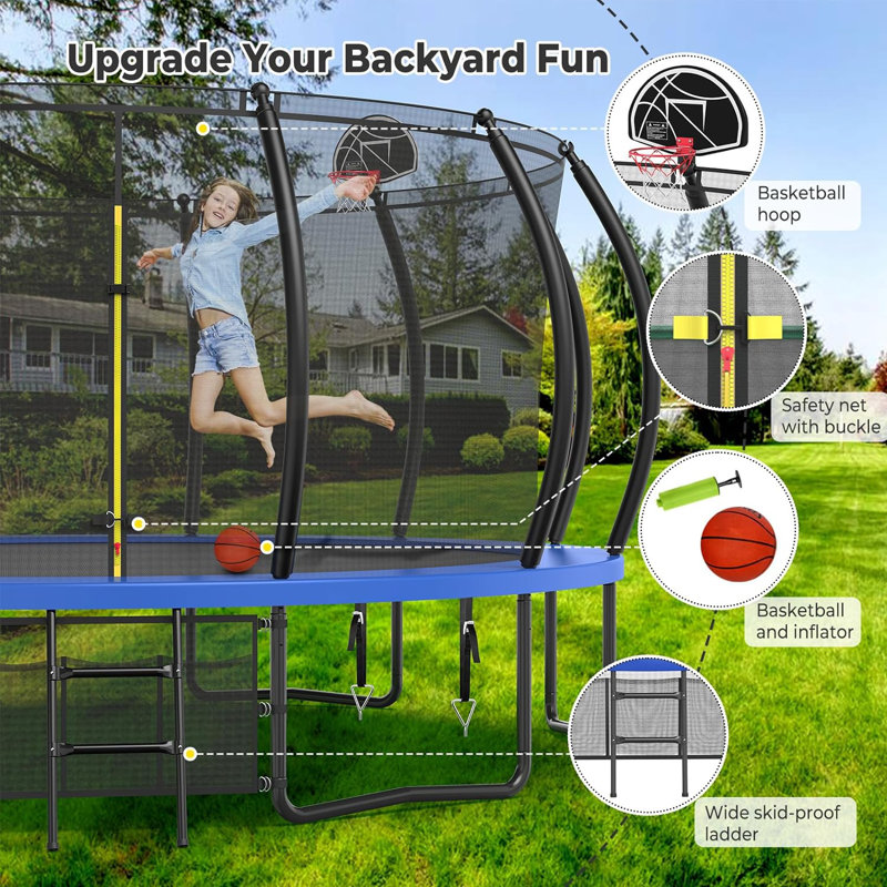 Sapphome Round Backyard Trampoline with Safety Enclosure, Blue/Black