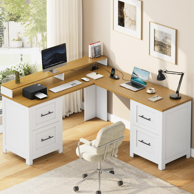 63" L Shaped Executive Desk with 4 File Drawers, Corner Computer Workstation with Monitor Stand & Power Outlets, Home Office Furniture with Storage, Brown