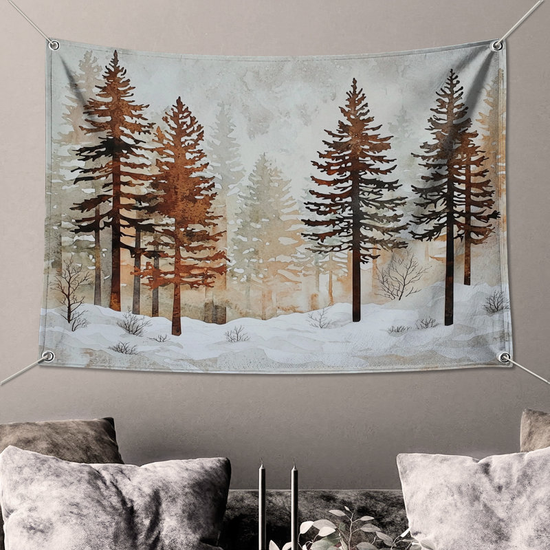 Snowy Pine Forest Scene Wall Tapestry - Winter Wall Decor, 104in H x88 with 4 Grommets