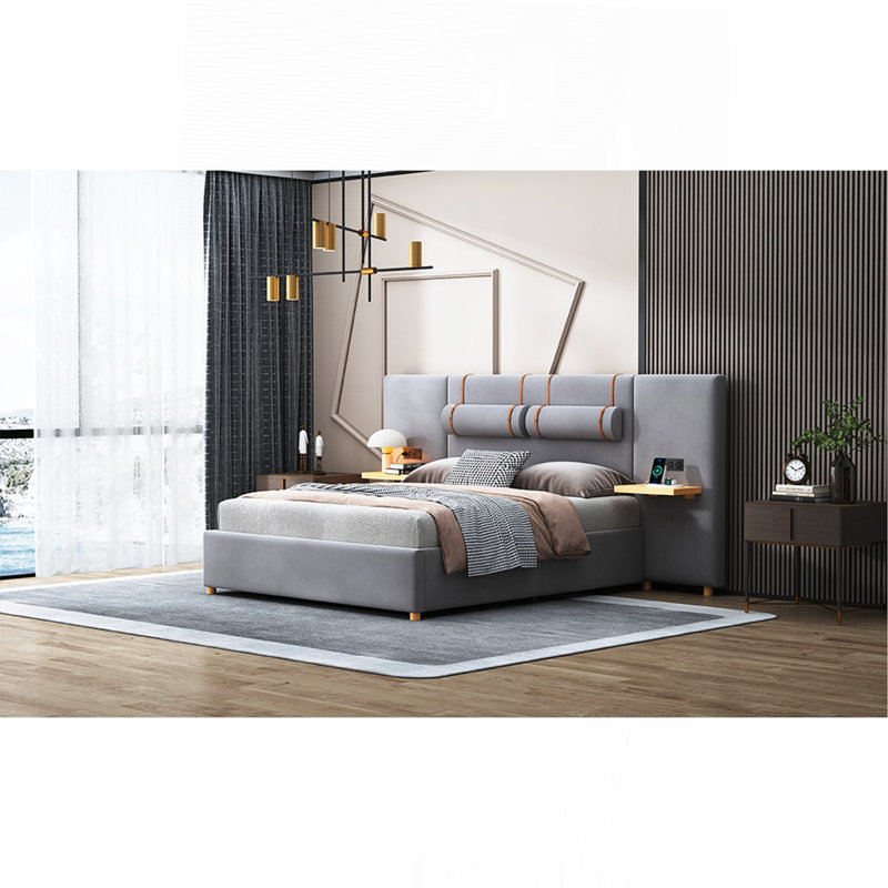 Grand lit plateforme tapissier, deux prises et ports de charge USB des deux côtés, deux coussins de chevet, tablettes de rangement, velours, gris
