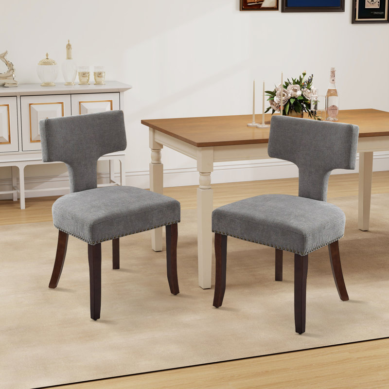 Ensemble de chaises de salle à manger de style Mid-Century moderne, ensemble de 2 chaises d'appoint rembourrées en tissu de lin ferme avec dossier en cuivre, chaises de cuisine avec structure en bois franc