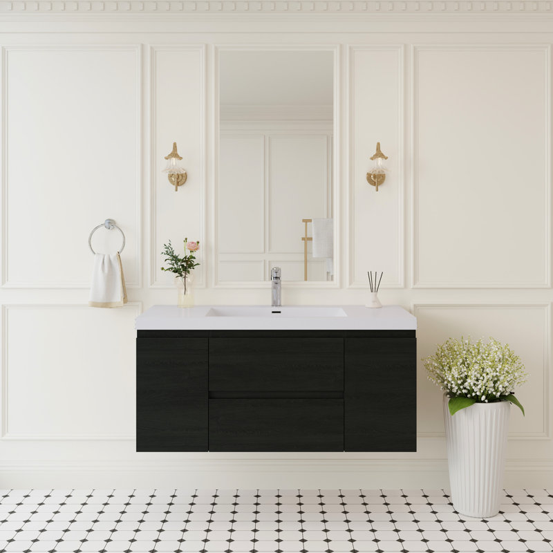 Meuble-lavabo 48 po en bois, mural avec lavabo, tiroirs à fermeture en douceur blanc brillant et une pièce