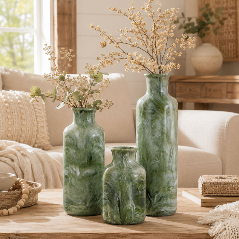 Resin Vase Set of 3, Green Decorative Farmhouse Vases for Table Centerpieces, Shelf, Living Room, Bedroom, Kitchen, Office Decor