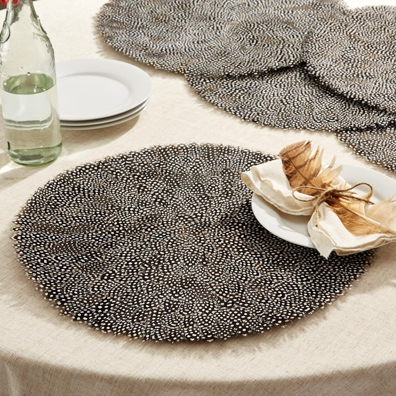 Guinea Fowl Feather Round Decorative Placemats Set of 6 17 Inch Brown Animal Print