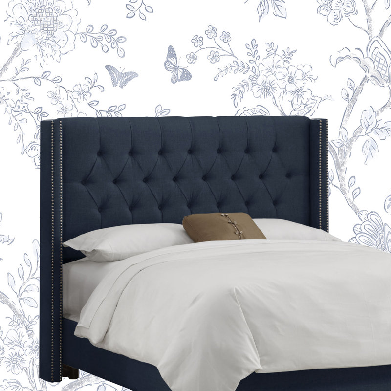 Whitingham Solid Wood Headboard, California King, Classic Navy Linen, Pewter