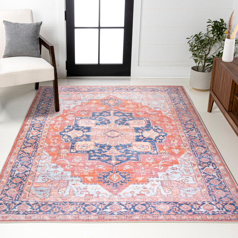 Ville Ornate Medallion Machine-Washable Terracotta/Navy Rug, Rectangle 5'3" x 7'7"