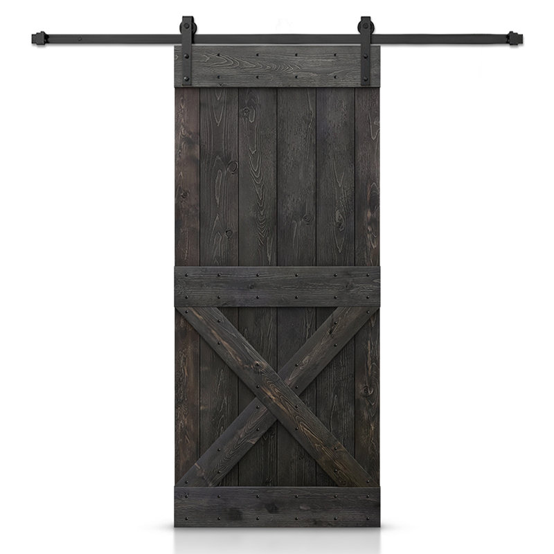 Porte de grange à panneaux et en bois avec quincaillerie d'installation, 24 po x 84 po, Rouge cerise, Noir mat