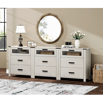 Commode pour chambre à coucher, long meuble télé avec 9 tiroirs, meubles de rangement, tour de coffre avec porte en filet pour le salon, blanc antique