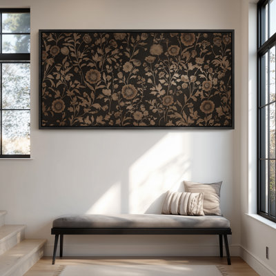 Extra Large Brown Botanical Wildflower Garden Pattern on Black Background Vintage Floral Decorative Print Wall Art