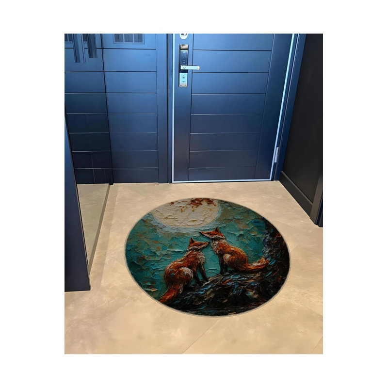 Pastel Theme Abstract Fox Patterned Round Woven Base Modern Decorative Carpet, Round 2'8"