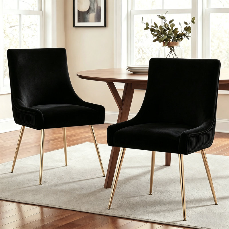Velvet Upholstered Side Chair With Gold Legs , Black, Gold