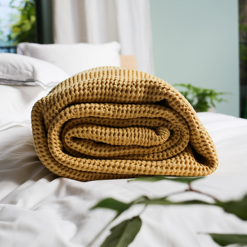 Alba Waffle Weave Bed Throw, Queen, Mimosa
